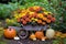 miniature wheelbarrow overflowing with pumpkins and mums