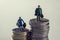 Miniature woman and man on piles of euro coins