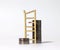 Miniature wood broken ladder and two pile of coins.