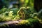 Miniature wooden house made of natural materials found in forest. Tiny eco cabin covered with moss on a backdrop on trees. Ecology