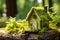 Miniature wooden house made of natural materials found in forest. Tiny eco cabin covered with moss on a backdrop on trees. Ecology