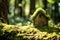 Miniature wooden house made of natural materials found in forest. Tiny eco cabin covered with moss on a backdrop on trees. Ecology