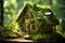 Miniature wooden house made of natural materials found in forest. Tiny eco cabin covered with moss on a backdrop on trees. Ecology