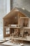 Miniature wooden house model with modern interior design