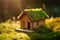 Miniature wooden house in spring grass and moss showing the pure nature, AI generated