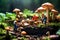 Miniature workers cutting down giant mushroom.