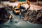 Miniature world photography, a crew of tiny workers are repairing a broken road. Generative AI