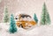 Miniature yellow car with spruce trees