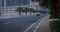 A minibus drives down a road in a southern modern city lined with palm trees