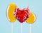 Minimal 3d Illustration of tasty sweet hard candies and lolipops. Valentine`s day concept