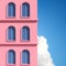 Minimal abstract building with arch window on blue sky background, Architectural details with shade and shadow on pink wall. 3D