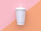 Minimal abstract pink orange pastel background tilted white paper coffee cup 3d render mock up packaging food drink concept