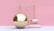 Minimal abstract scene pink wall-background 3d render gold sphere soft pink cylinder set white floor geometric shape form