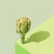Minimal arrangement of one artichoke standing alone. Beautiful three shaded of green background
