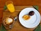 Minimal Asian breakfast setting with coffee, orange juice and fr