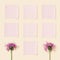 Minimal background with purple thorny wild flower and pink paper sticky for notes or messages, empty blank small papers