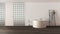 Minimal bathroom with round bathtub and decors in white and beige tones. Glass brick walls, ladder towel hanger and dark parquet.