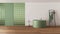 Minimal bathroom with round bathtub and decors in white and green tones. Glass brick walls, ladder towel hanger and parquet.