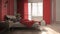 Minimal classic bedroom in red tones with panoramic window, double bed with duvet and pillows, side tables with lamps, carpet.