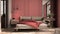 Minimal classic bedroom in red tones with walk-in closet, double bed with duvet and pillows, side tables with lamps, carpet.