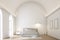 Minimal classical style arch ceiling bedroom interior 3d render, There are wooden floor arch shape window sunlight shine into the