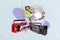 Minimal composite collage of dancing careless lady listen modern headphones boombox stereo music soundtrack disco ball