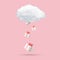 Minimal concept of floating white cloud and falling of present box on pink background. 3D rendering