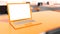 Minimal concept, laptop on table orange color
