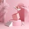 Minimal Concept Podium And Empty Pink Gift Box Bounce Open With Leaves Palm Background 3d Render