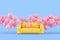 Minimal conceptual idea of yellow sofa surround with pink floating balloons on blue background. 3D rendering