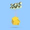 Minimal conceptual image of floating yellow house and gold balloons on blue background. 3D rendering