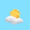 Minimal conceptual image of yellow house floating on white cloud. 3D rendering