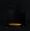 Minimal dark scene with black and gold cylinder podiums on black color background.Luxury and modern concepts for products