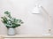 minimal decor scandinavian workspace with white lamp and cement vase with eucalyptus leaves branch. product placement