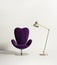 Minimal empty room with a violet armchair and a lamp