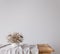 Minimal farmhouse dining room interior, beige mockup wall