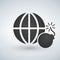 Minimal globe icon with bomb, no to terrorism, exploding, nuclear, illustration