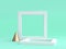 Minimal green background 3d render blank white frame gold cone