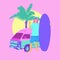 minimal illustration. Surf girl, vintage car in tropical location. aloha vibes