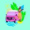 minimal illustration. Surf vintage car in tropical location. aloha summer vibes