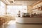 Minimal interior design coffee cafe bar shop with beige cozy tone style and with glossy ivory white round corner counter, coffee