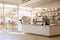 Minimal interior design coffee cafe bar shop with beige cozy tone style and with glossy ivory white round corner counter, coffee