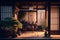 Minimal interior design in japanese style. Asian living room with house plants. Traditional asian architecture aesthetic