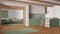 Minimal japandi kitchen and living room in wooden and green tones. Cabinets and island, sofa and carpet, paper sliding door and