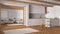 Minimal japandi kitchen and living room in wooden and white tones. Cabinets and island, sofa and carpet, paper sliding door and