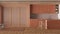 Minimal japandi kitchen in wooden and orange tones. Cabinets and island, paper sliding door and herringbone parquet. Clean