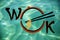 minimal lettering logo of asian cuisine wok against the background of sea water