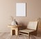Minimal living room design, farmhouse wooden furniture in bright beige interior background