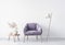 Minimal living room design, purple and beige chair .white background, home decor with trendy accessories