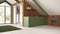 Minimal mansard in white and green tones, kitchen with cabinets. Wooden walls, iron beams and resin floor. Panoramic window with